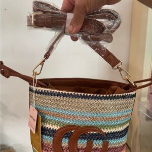 Woven Multicolor Straw Bucket Bag with Brown Trim